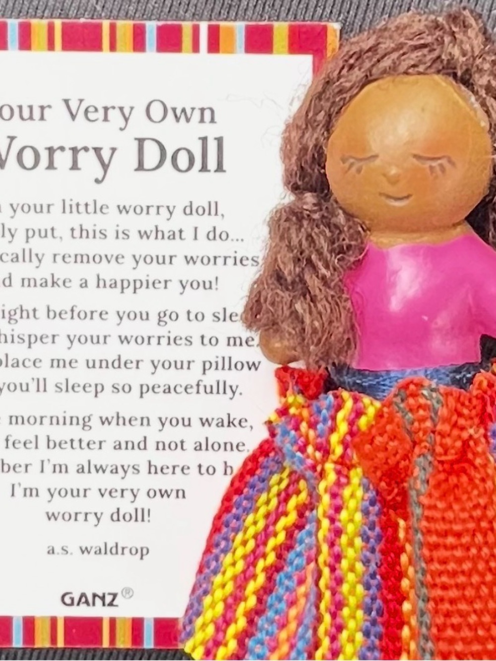 GANZ Multicolor Worry Doll with Pink Top and Brown Hair